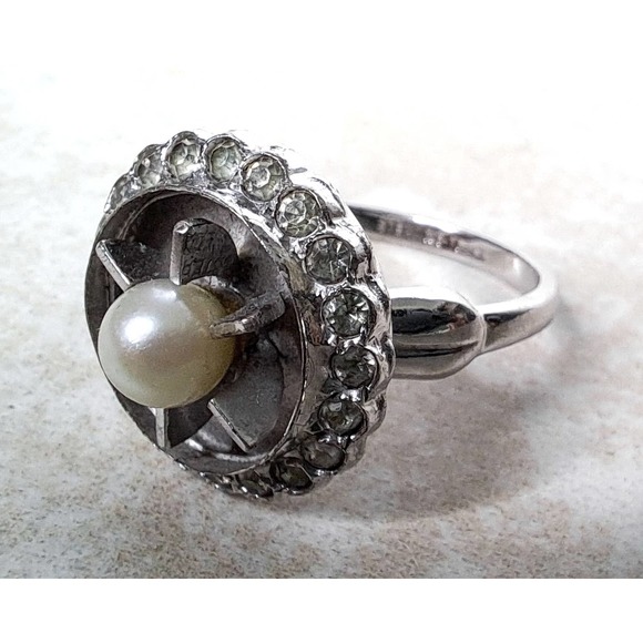 Vintage Theda Sterling Art Deco Pearl Ring Sz 6.5 Adj - Picture 5 of 7
